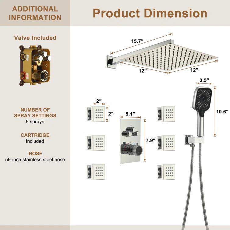Revitalize 3-Function 12 Inch Wall Mount Rainfall Thermostatic Shower System with 6 Body Jets