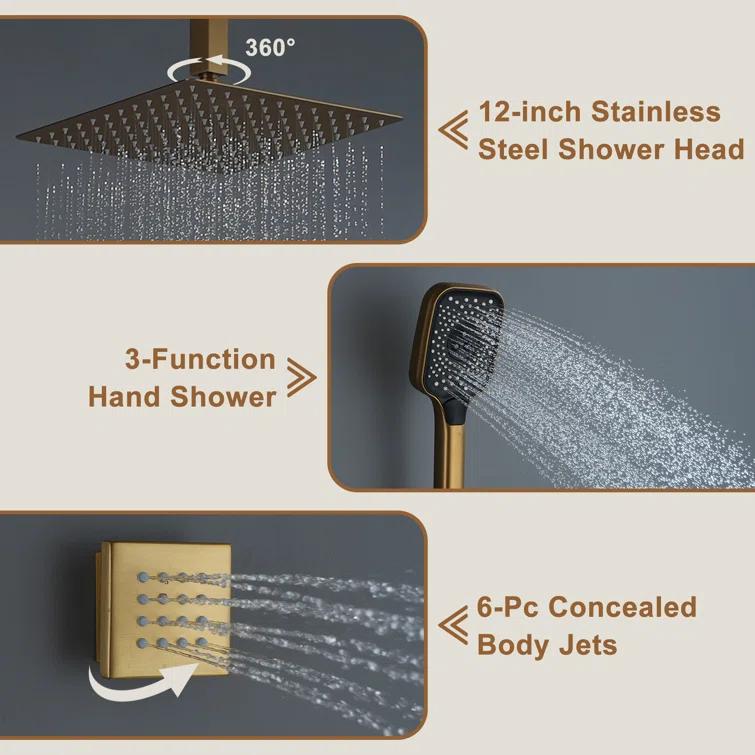 CASAINC CS6221-12BG Revitalize 3-Function 12 Inch Ceiling Mount Rainfall Thermostatic Shower System with 6 Body Jets