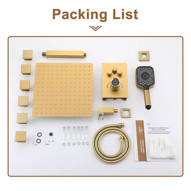 CASAINC CS6221-12BG Revitalize 3-Function 12 Inch Ceiling Mount Rainfall Thermostatic Shower System with 6 Body Jets