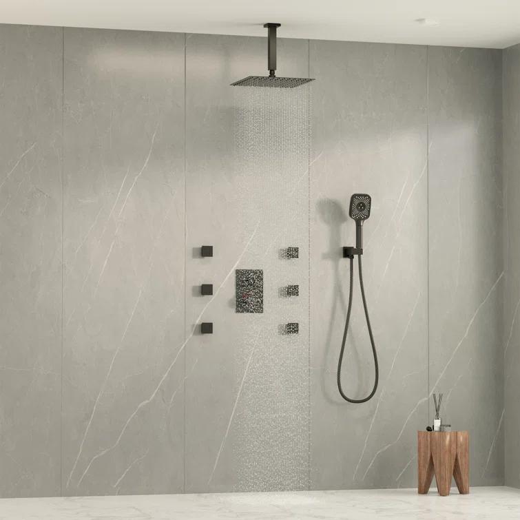 Revitalize 3-Function 12 Inch Ceiling Mount Rainfall Thermostatic Shower System with 6 Body Jets