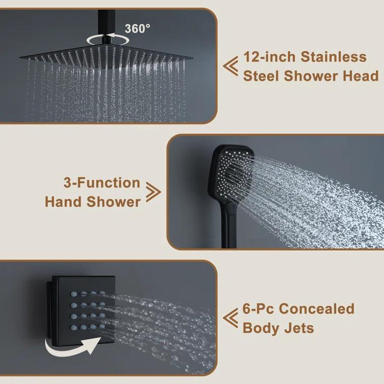 Revitalize 3-Function 12 Inch Ceiling Mount Rainfall Thermostatic Shower System with 6 Body Jets