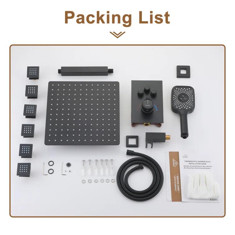 Revitalize 3-Function 12 Inch Ceiling Mount Rainfall Thermostatic Shower System with 6 Body Jets