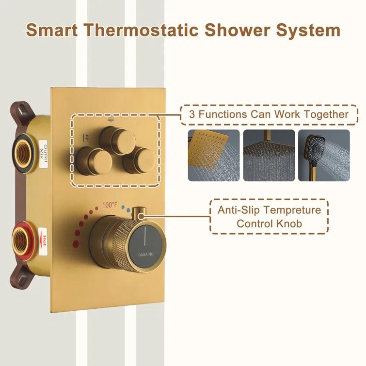 Rainfall Symphony 12inch 3-Function Dual Shower Head Thermostatic Shower System with 3 Sprays Handheld