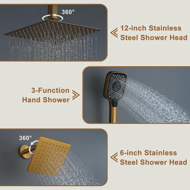 Rainfall Symphony 12inch 3-Function Dual Shower Head Thermostatic Shower System with 3 Sprays Handheld