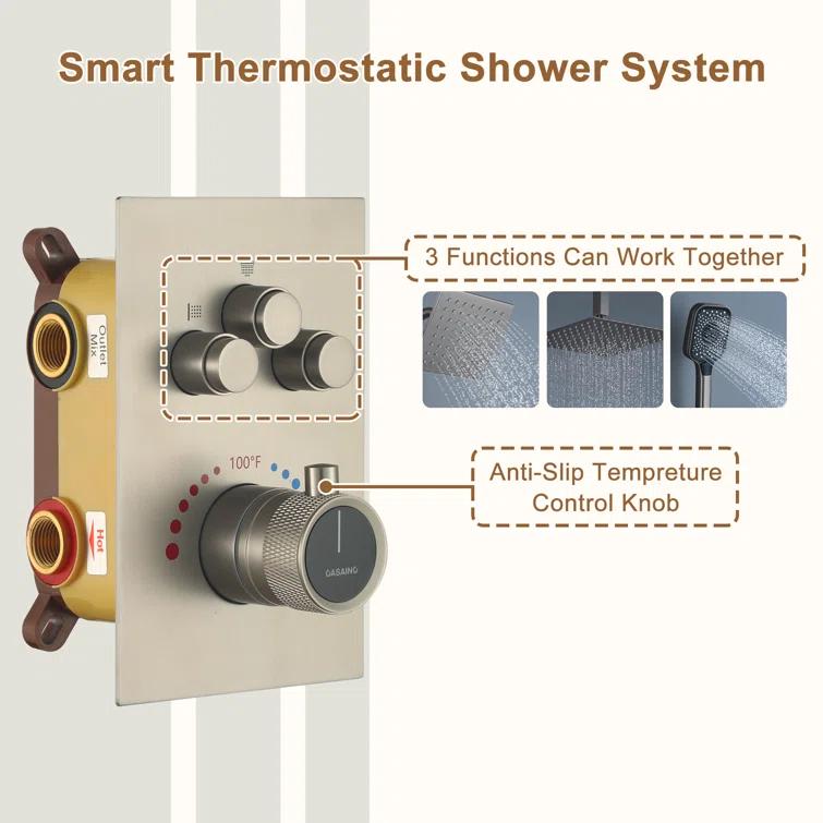 Rainfall Symphony 12inch 3-Function Dual Shower Head Thermostatic Shower System with 3 Sprays Handheld