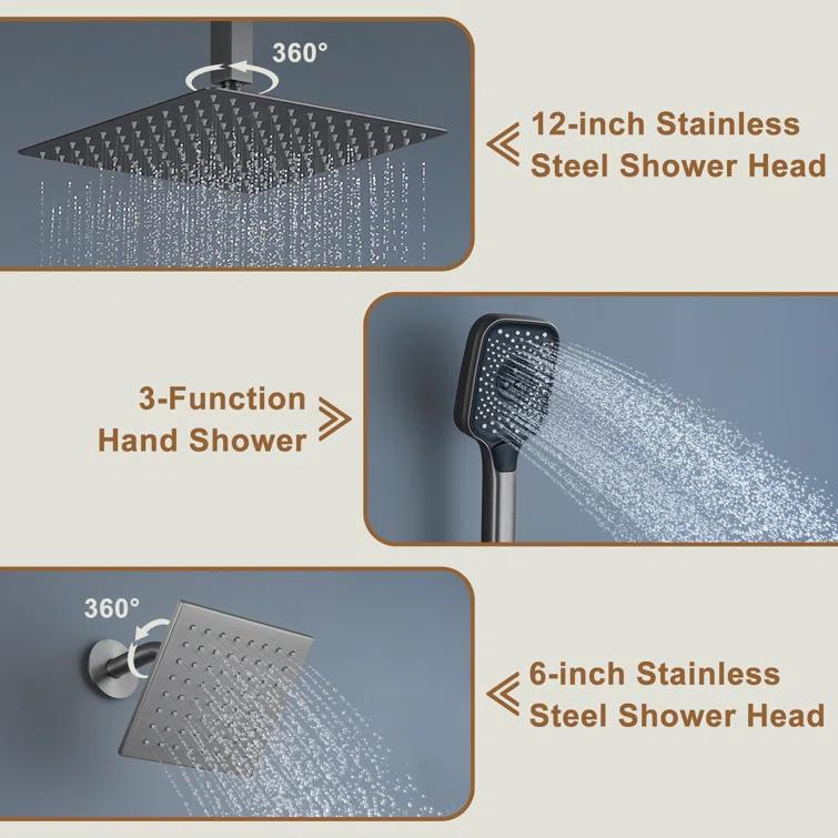 Rainfall Symphony 12inch 3-Function Dual Shower Head Thermostatic Shower System with 3 Sprays Handheld
