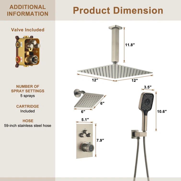 Rainfall Symphony 12inch 3-Function Dual Shower Head Thermostatic Shower System with 3 Sprays Handheld