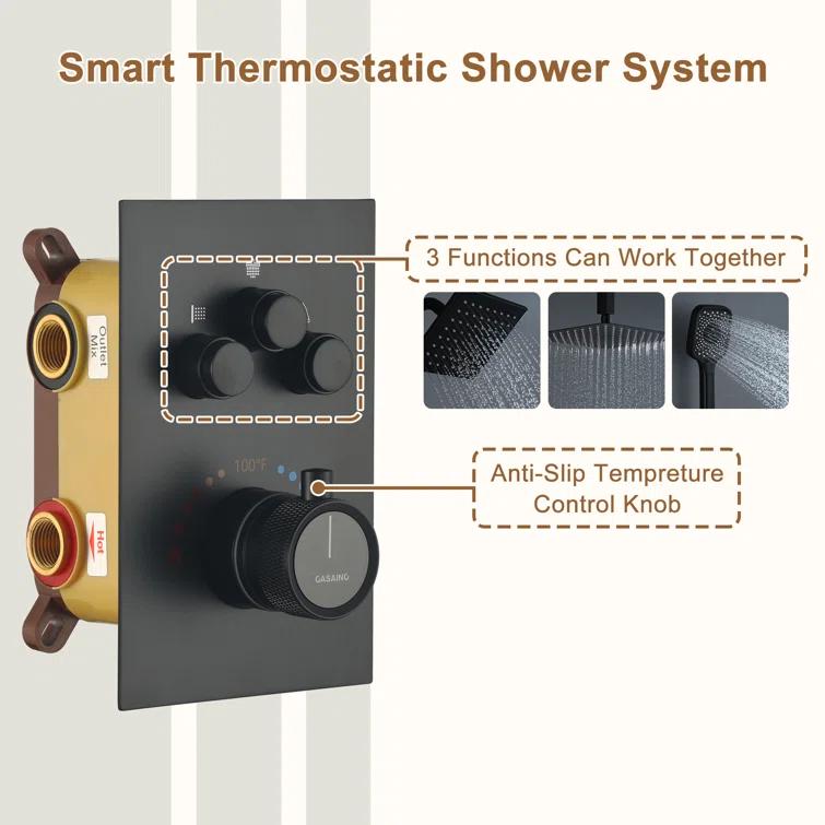Rainfall Symphony 12inch 3-Function Dual Shower Head Thermostatic Shower System with 3 Sprays Handheld