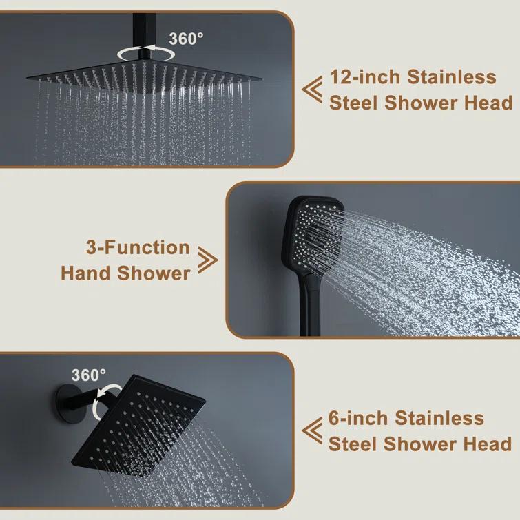 Rainfall Symphony 12inch 3-Function Dual Shower Head Thermostatic Shower System with 3 Sprays Handheld