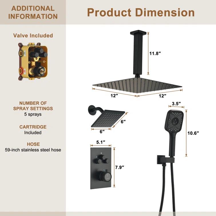 Rainfall Symphony 12inch 3-Function Dual Shower Head Thermostatic Shower System with 3 Sprays Handheld