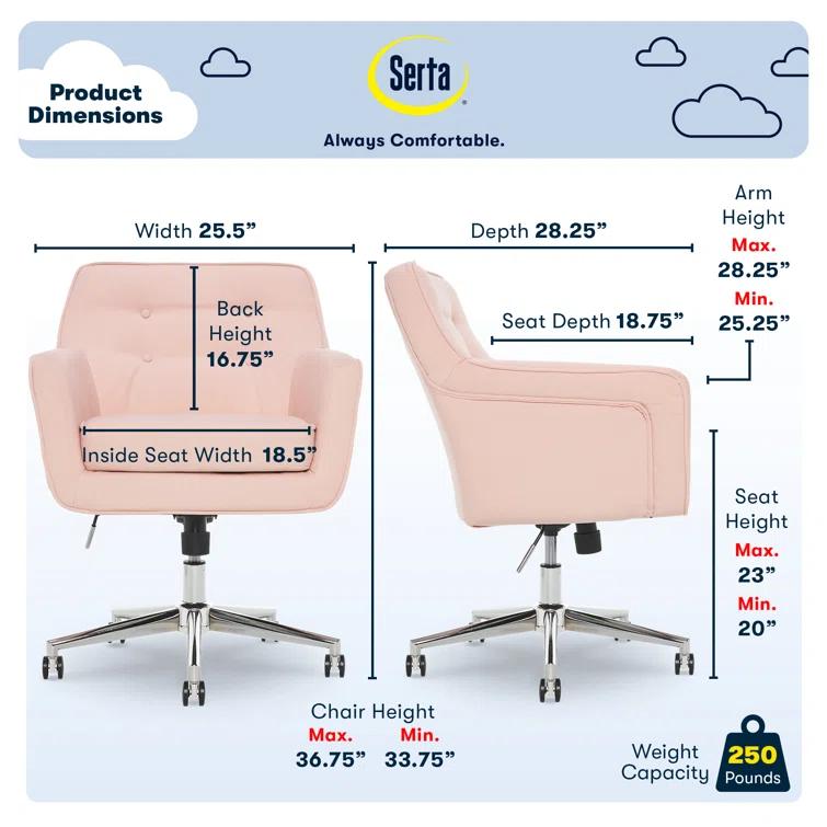 Serta Ashland Modern Office Chair, Mid-Back, Quality Memory Foam Cushion, Metal Base Chrome Finish