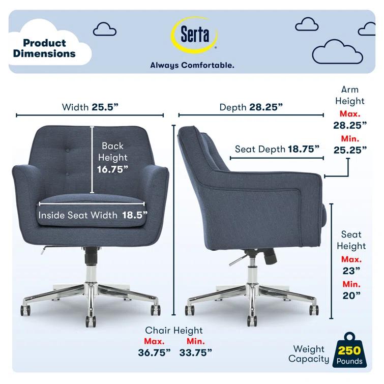 Serta Ashland Modern Office Chair, Mid-Back, Quality Memory Foam Cushion, Metal Base Chrome Finish