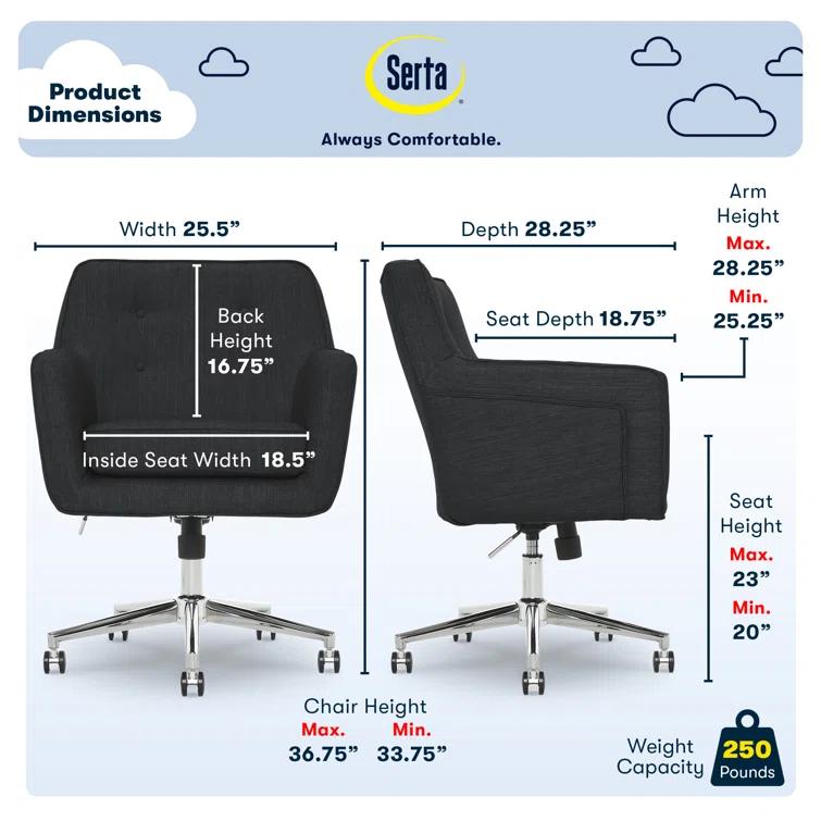 Serta Ashland Modern Office Chair, Mid-Back, Quality Memory Foam Cushion, Metal Base Chrome Finish