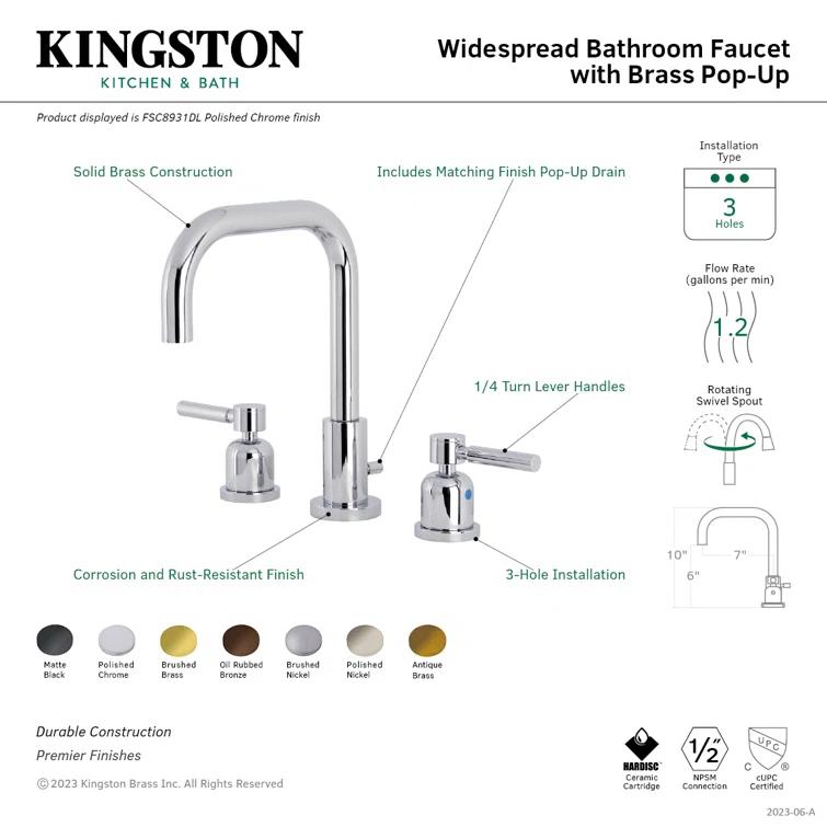Kingston Brass Concord Two-Handle 3-Hole Deck Mount Widespread Bathroom Faucet with Brass Pop-Up Drain