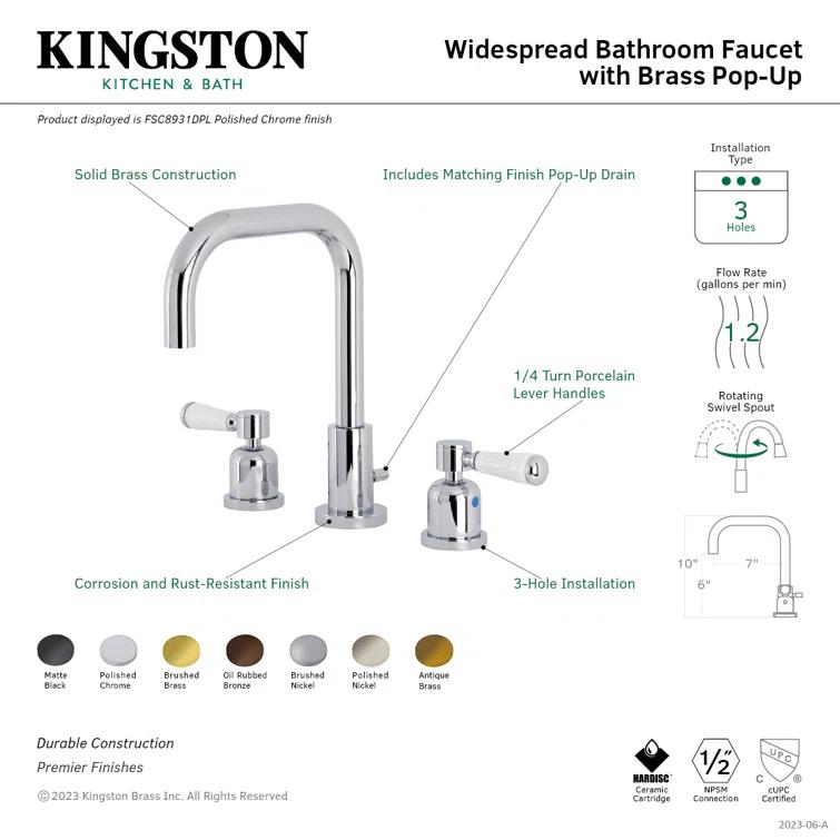 Kingston Brass Two-Handle 3-Hole Deck Mount Widespread Bathroom Faucet with Brass Pop-Up Drain