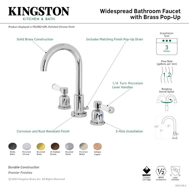 Kingston Brass Paris Two-Handle 3-Hole Deck Mount Widespread Bathroom Faucet with Brass Pop-Up Drain