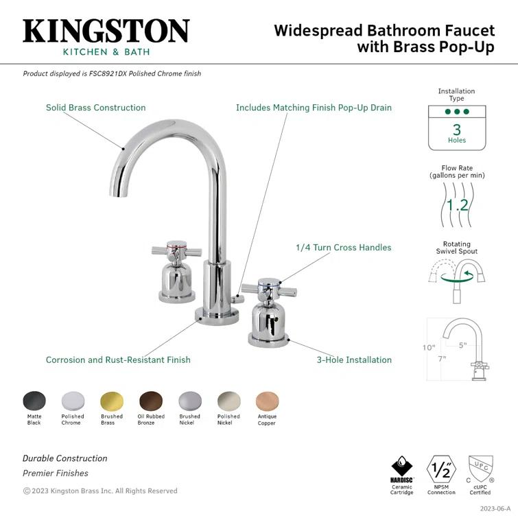 Kingston Brass Concord Two-Handle 3-Hole Deck Mount Widespread Bathroom Faucet with Brass Pop-Up Drain