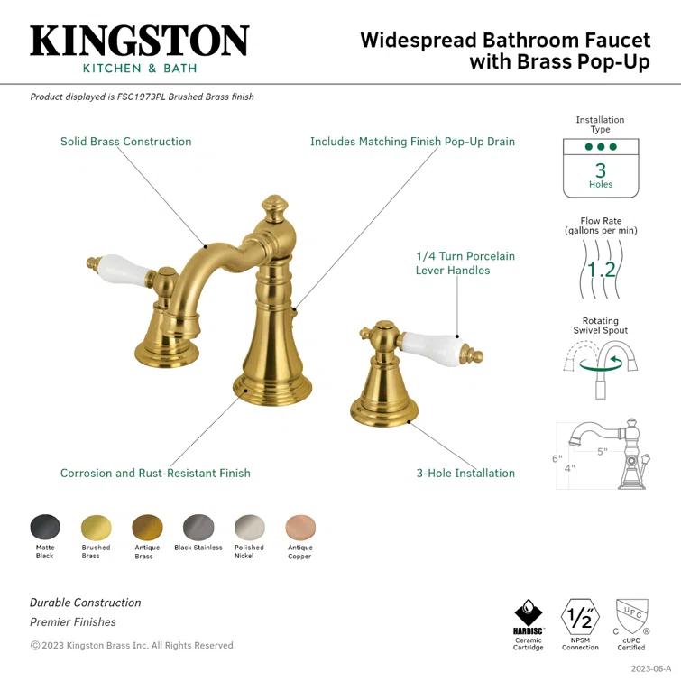 Kingston Brass English Classic Two-Handle 3-Hole Deck Mount Widespread Bathroom Faucet with Brass Pop-Up Drain