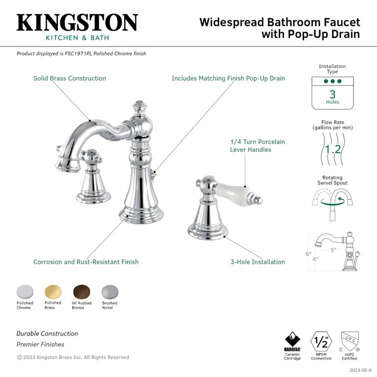 Kingston Brass English Classic Two-Handle 3-Hole Deck Mount Widespread Bathroom Faucet with Pop-Up Drain
