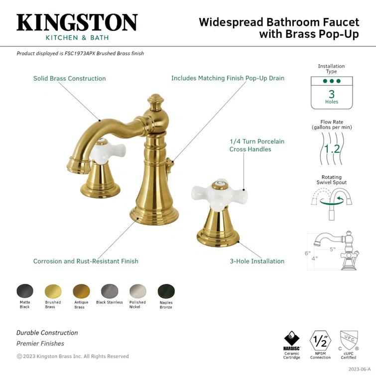 Kingston Brass FSC1976APX Kingston Brass American Classic Two-Handle 3-Hole Deck Mount Widespread Bathroom Faucet with Pop-Up Drain