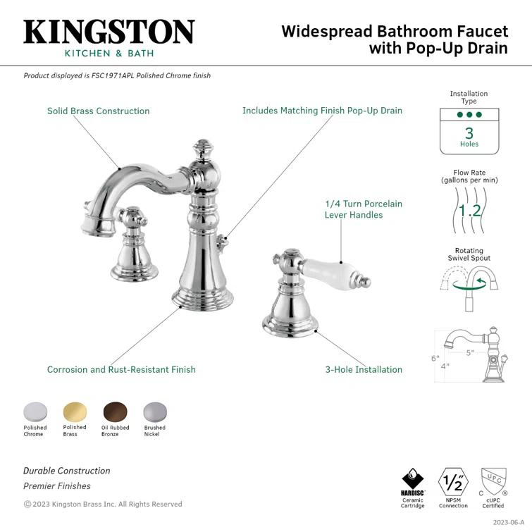 Kingston Brass American Patriot Two-Handle 3-Hole Deck Mount Widespread Bathroom Faucet with Pop-Up Drain
