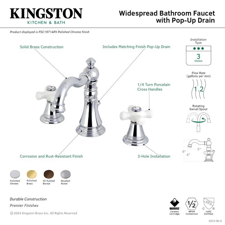 Kingston Brass American Classic Two-Handle 3-Hole Deck Mount Widespread Bathroom Faucet with Pop-Up Drain