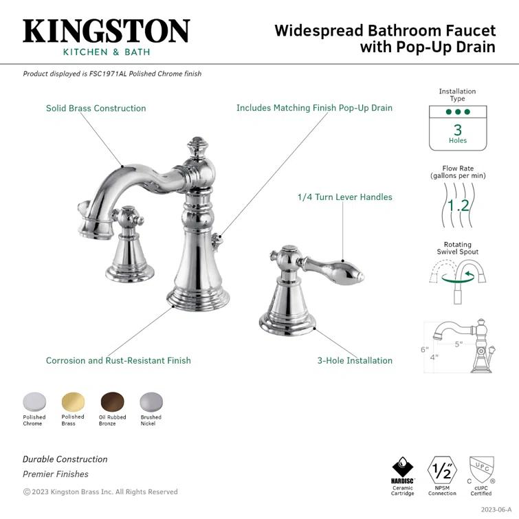 Kingston Brass English Classic Two-Handle 3-Hole Deck Mount Widespread Bathroom Faucet with Pop-Up Drain