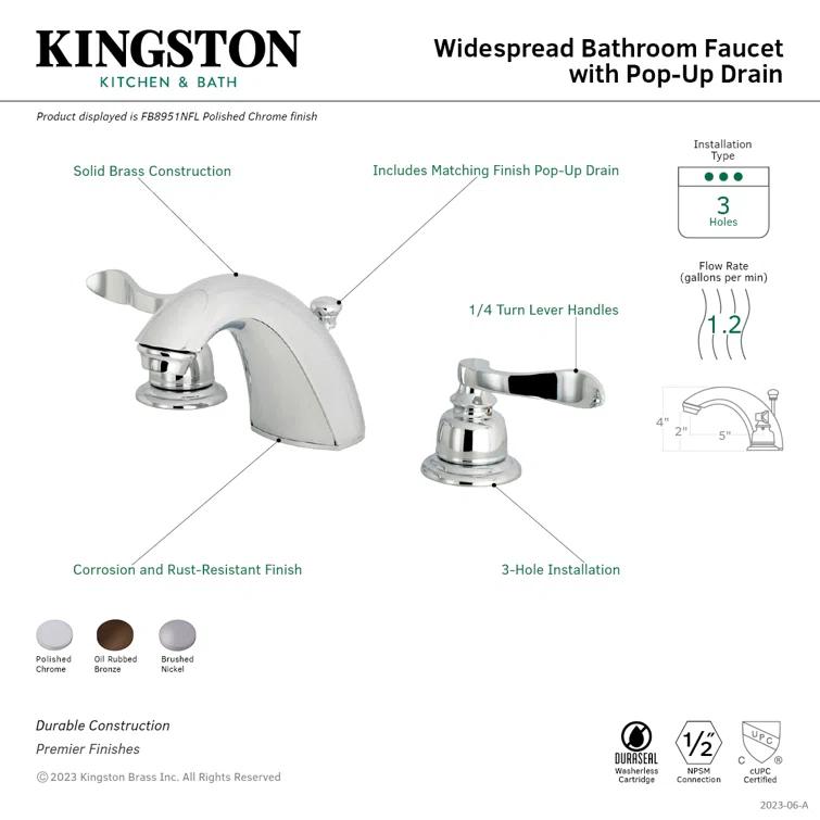 Kingston Brass NuWave French Two-Handle 3-Hole Deck Mount Widespread Bathroom Faucet with Retail Pop-Up Drain