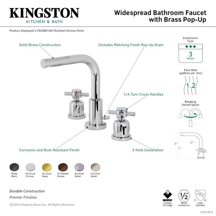 Kingston Brass Concord Two-Handle 3-Hole Deck Mount Widespread Bathroom Faucet with Brass Pop-Up Drain
