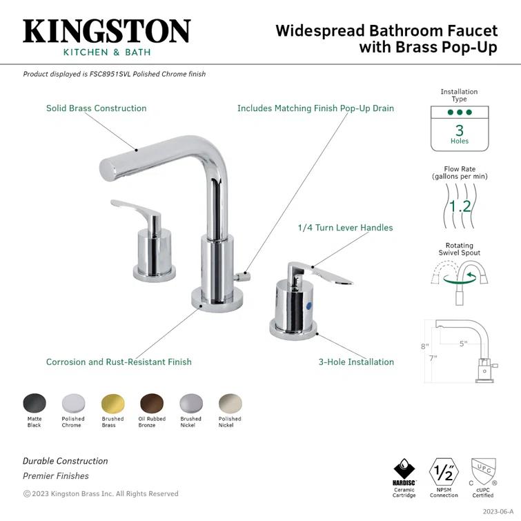 Kingston Brass Serena Two-Handle 3-Hole Deck Mount Widespread Bathroom Faucet with Brass Pop-Up Drain