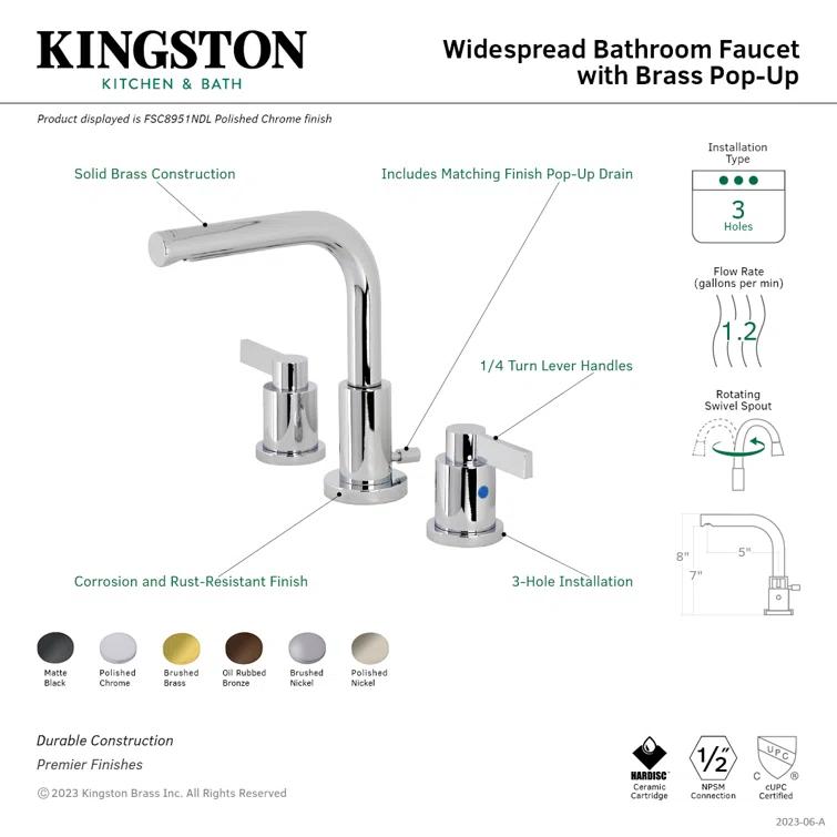 Kingston Brass NuvoFusion Two-Handle 3-Hole Deck Mount Widespread Bathroom Faucet with Brass Pop-Up Drain