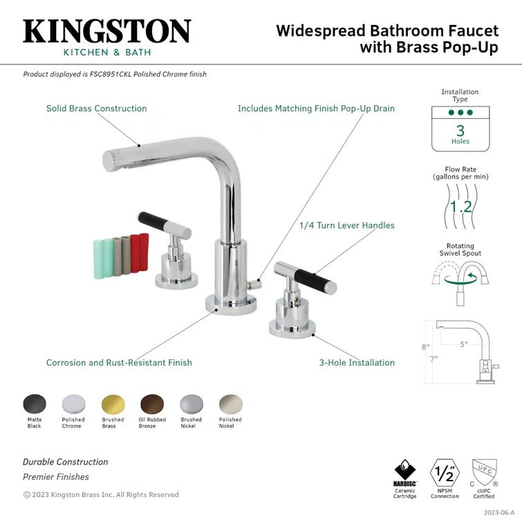 Kingston Brass Kaiser Two-Handle 3-Hole Deck Mount Widespread Bathroom Faucet with Brass Pop-Up Drain
