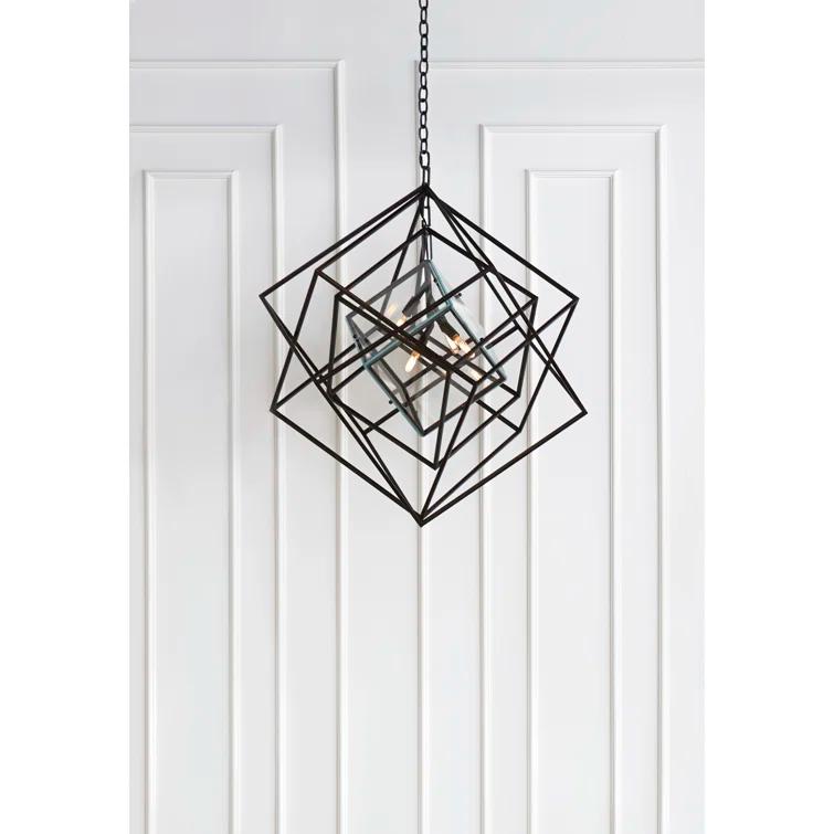 Aged Iron Cubist 4-Light Geometric Chandelier