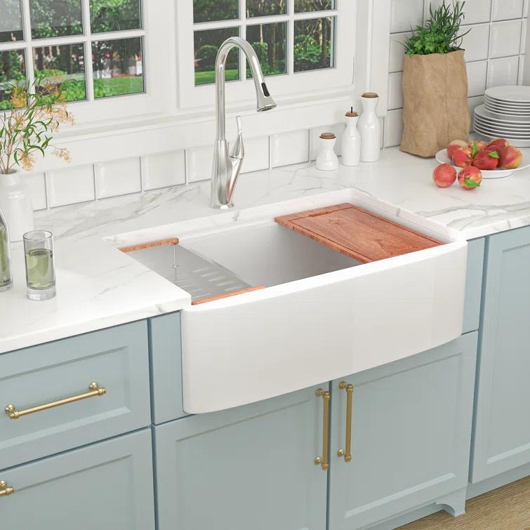 33"L x 20"W Farmhouse Kitchen Sink Deep Single Bowl Fireclay Workstation Sink with Cutting Board and Dish Drying Rack