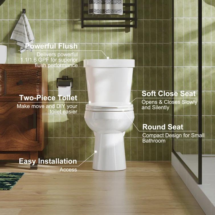 HOROW 1.28 Gallons GPF Round Chair Height Floor Mounted Two-Piece Toilet (Seat Included)