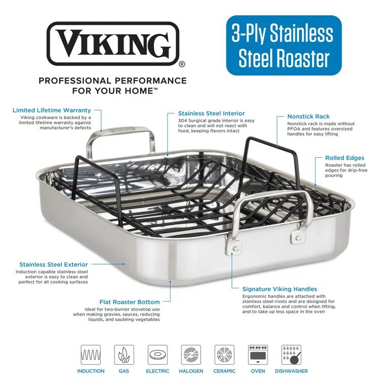 Viking ® 3-Ply Stainless Steel Roasting Pan with Rack and Thermometer Set