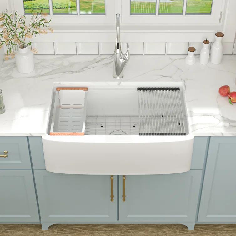 33"L x 20"W Farmhouse Kitchen Sink Deep Single Bowl Fireclay Workstation Sink with Cutting Board and Dish Drying Rack