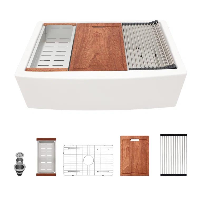 33"L x 20"W Farmhouse Kitchen Sink Deep Single Bowl Fireclay Workstation Sink with Cutting Board and Dish Drying Rack