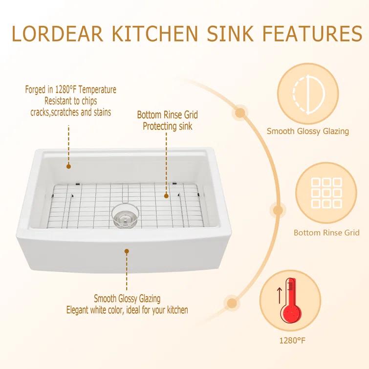 33"L x 20"W Farmhouse Kitchen Sink Deep Single Bowl Fireclay Workstation Sink with Cutting Board and Dish Drying Rack