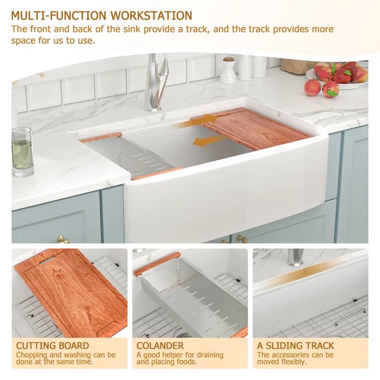 33"L x 20"W Farmhouse Kitchen Sink Deep Single Bowl Fireclay Workstation Sink with Cutting Board and Dish Drying Rack