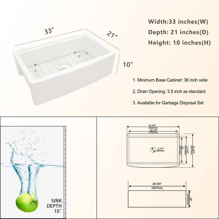 33"L x 20"W Farmhouse Kitchen Sink Deep Single Bowl Fireclay Workstation Sink with Cutting Board and Dish Drying Rack