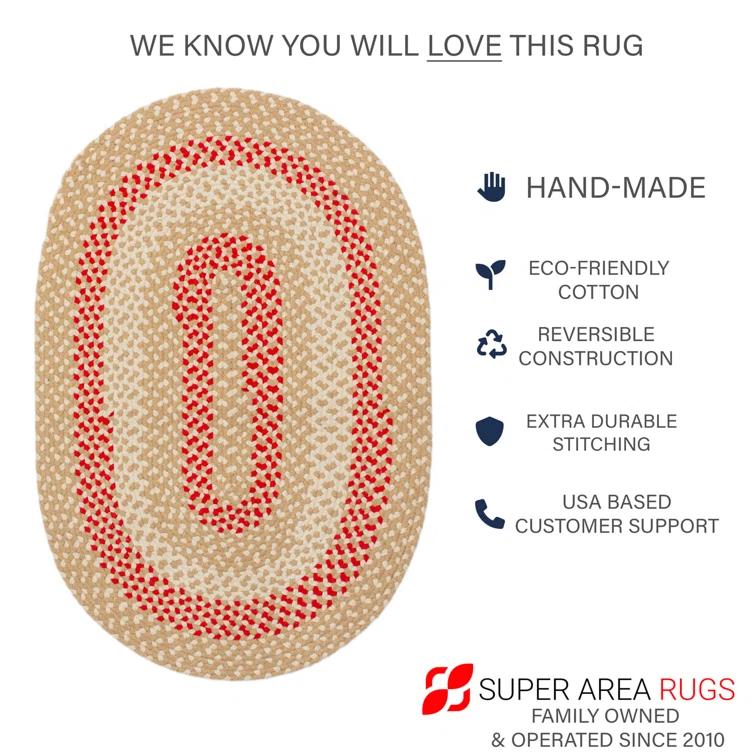 Farmhouse Braided Cotton Beige / Red Area Rug