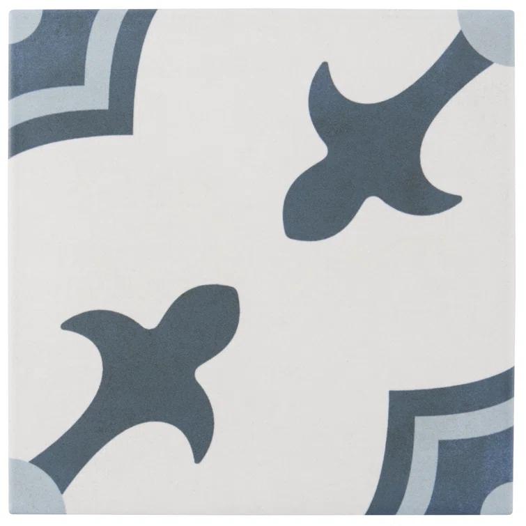 Plumeria Blue and White Square 9 in. x 9 in. Matte Porcelain Floor and Wall Tile (10.65 sq. ft./ Case)