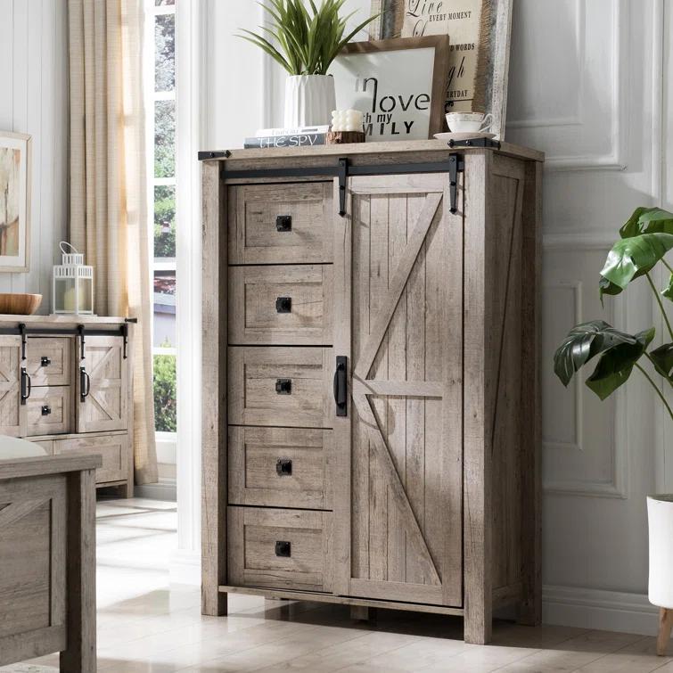 Farmhouse 5 Chest of Drawers, Tall Drawers Dresser with Sliding Barn Door