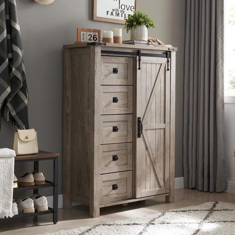 Farmhouse 5 Chest of Drawers, Tall Drawers Dresser with Sliding Barn Door