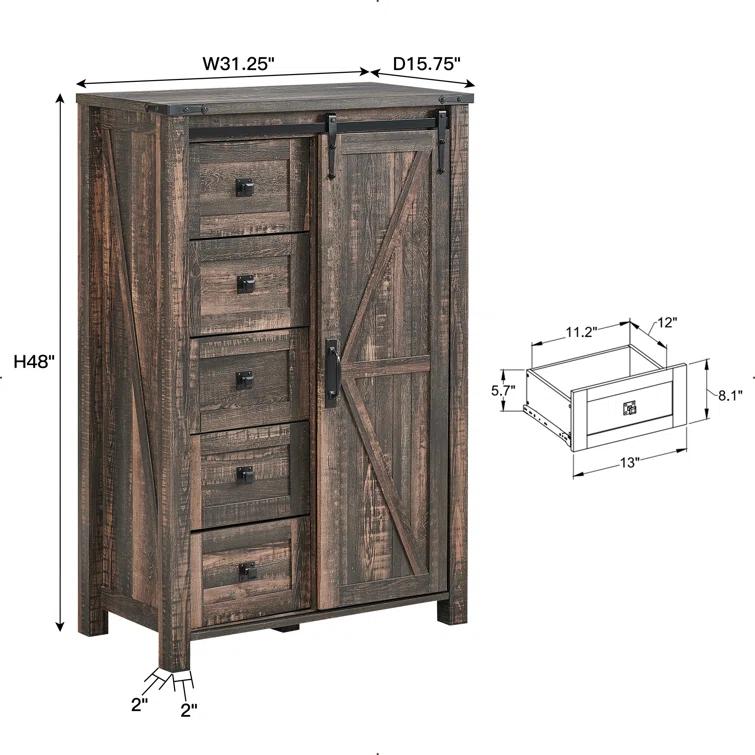 Farmhouse 5 Chest of Drawers, Tall Drawers Dresser with Sliding Barn Door