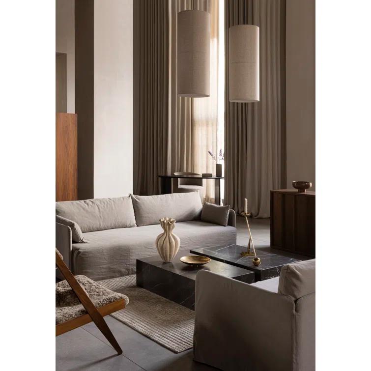 Bronzed Brass Drum Pendant Light with Raw Fabric Shade