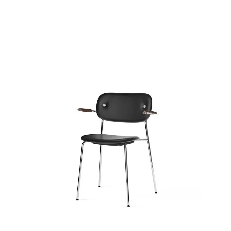 Cozy Minimalist Black Leather and Chrome Dining Chair with Armrests