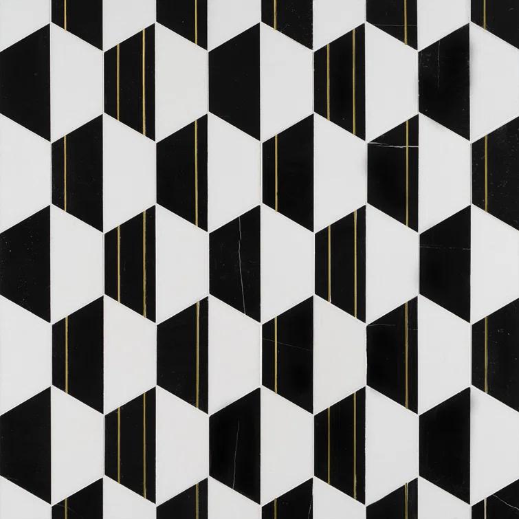 Meld 10.43" x 12.04" Marble and Brass Mosaic Hexagon Tile (0.87 Sq. Ft. / Sheet)