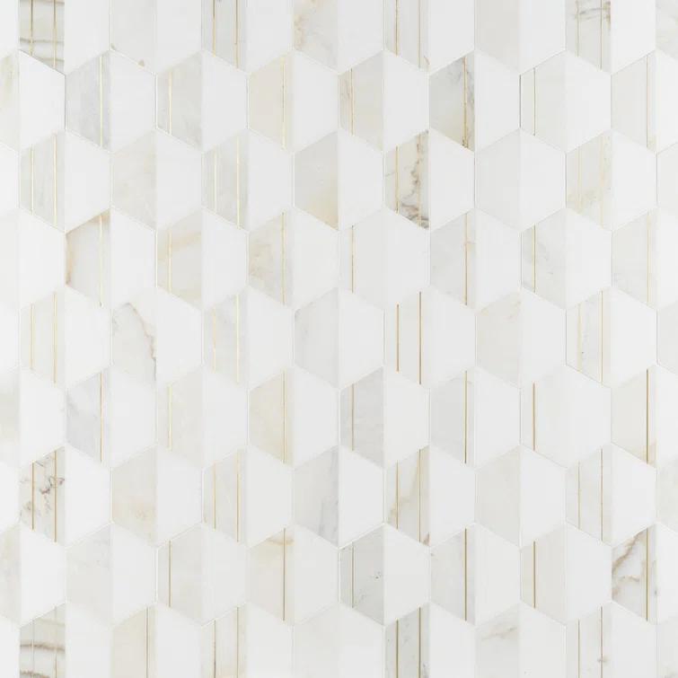 Meld 10.43" x 12.04" Marble and Brass Mosaic Hexagon Tile (0.87 Sq. Ft. / Sheet)
